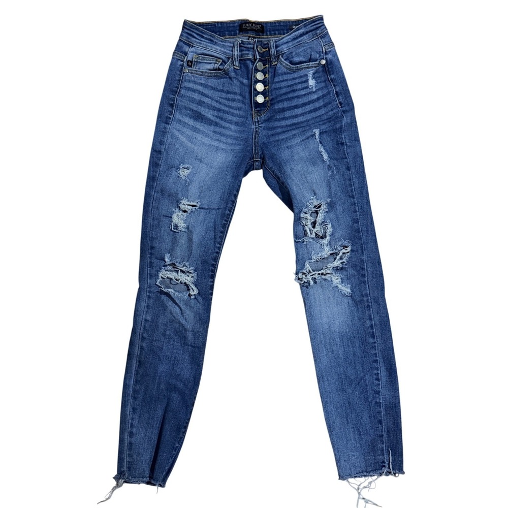 Judy Blue Skinny Jeans Womens 0/24 Blue Distressed Button Fly Raw Hem‎ Denim